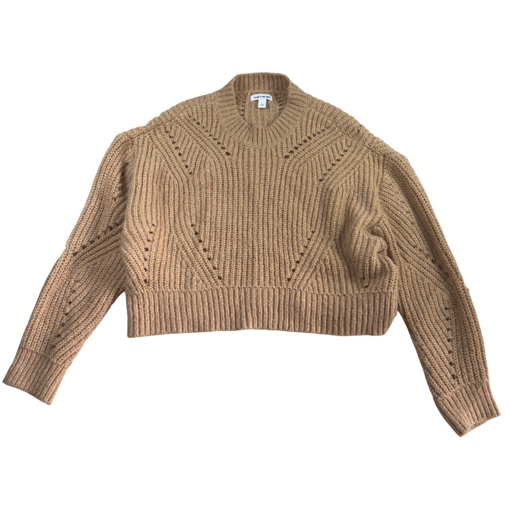 Elizabeth and James Tan Metallic Pointelle Knit Cropped Sweater Mock Neck L